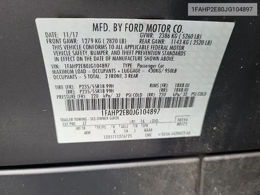 1FAHP2E80JG104897 2018 Ford Taurus Sel