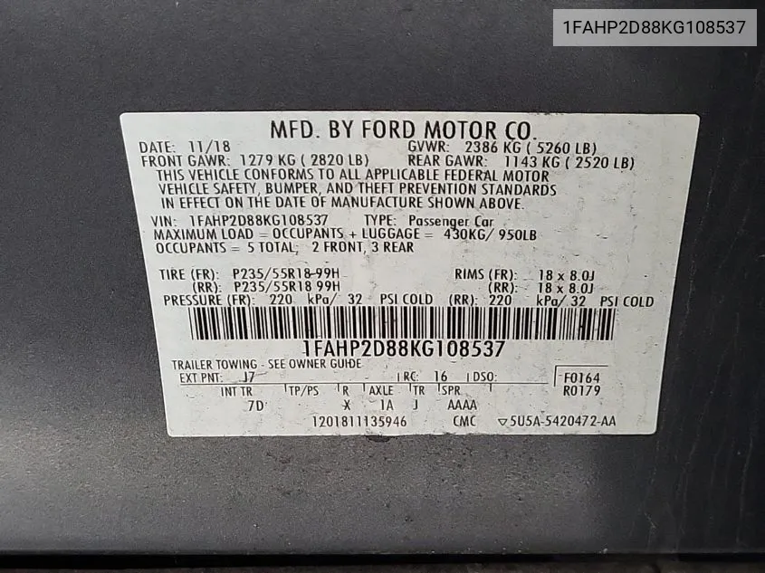 1FAHP2D88KG108537 2019 Ford Taurus Se