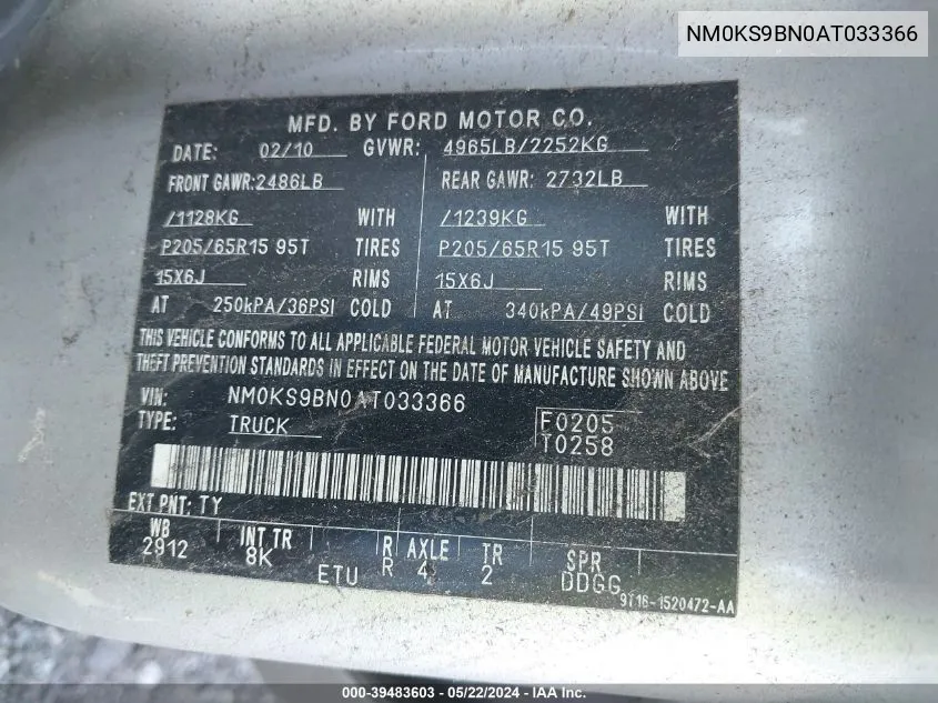 NM0KS9BN0AT033366 2010 Ford Transit Connect Xlt