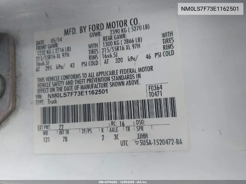 NM0LS7F73E1162501 2014 Ford Transit Connect Xlt