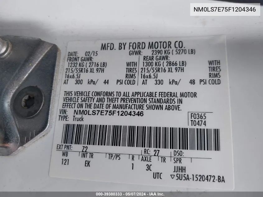 NM0LS7E75F1204346 2015 Ford Transit Connect Xl