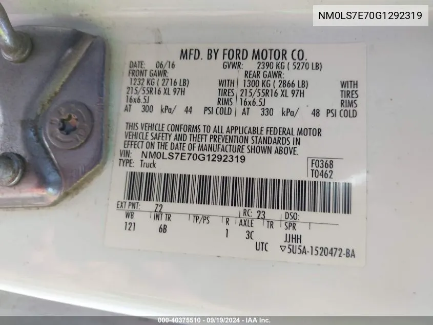 NM0LS7E70G1292319 2016 Ford Transit Connect Xl