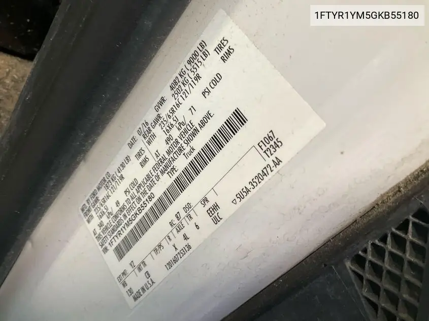 1FTYR1YM5GKB55180 2016 Ford Transit-250