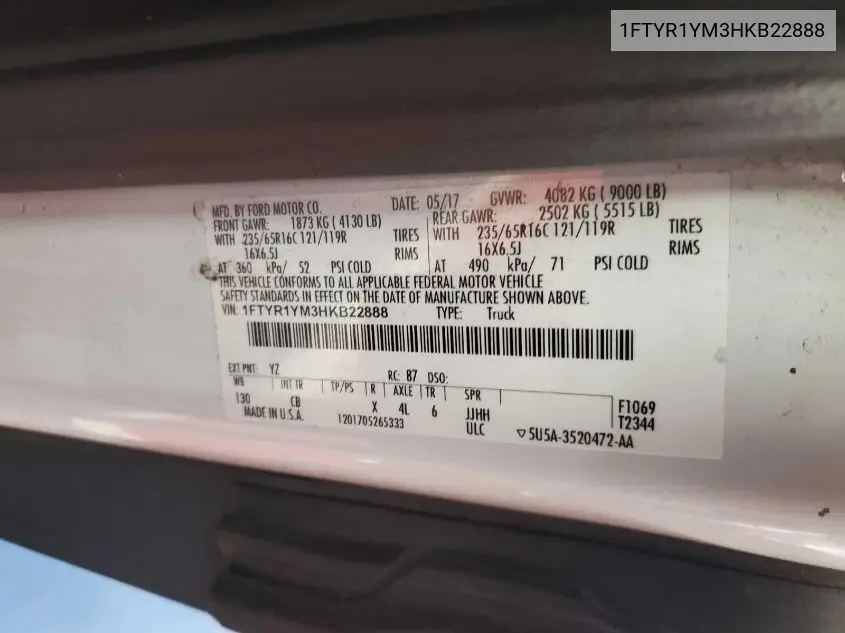 1FTYR1YM3HKB22888 2017 Ford Transit-250