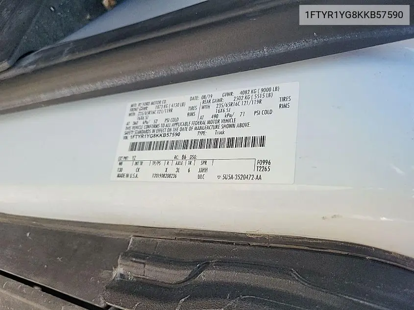 1FTYR1YG8KKB57590 2019 Ford Transit-250