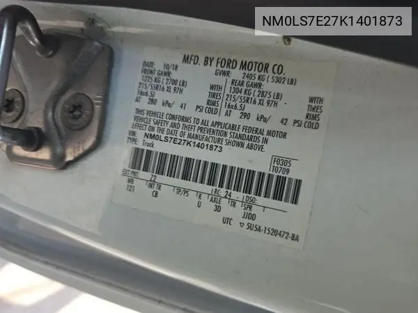 NM0LS7E27K1401873 2019 Ford Transit Connect Xl