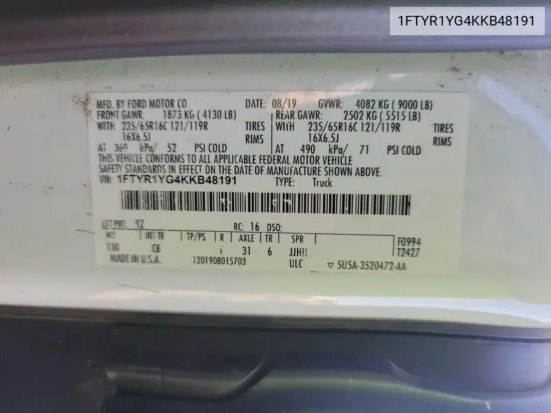 1FTYR1YG4KKB48191 2019 Ford Transit-250