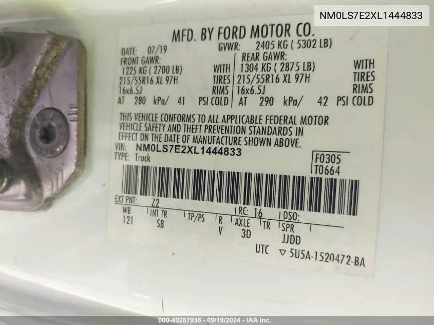 NM0LS7E2XL1444833 2020 Ford Transit Connect Xl