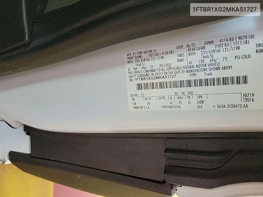 1FTBR1XG2MKA51727 2021 Ford Transit-250