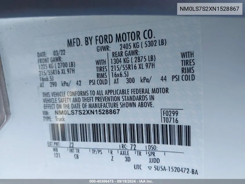 NM0LS7S2XN1528867 2022 Ford Transit Connect Xl