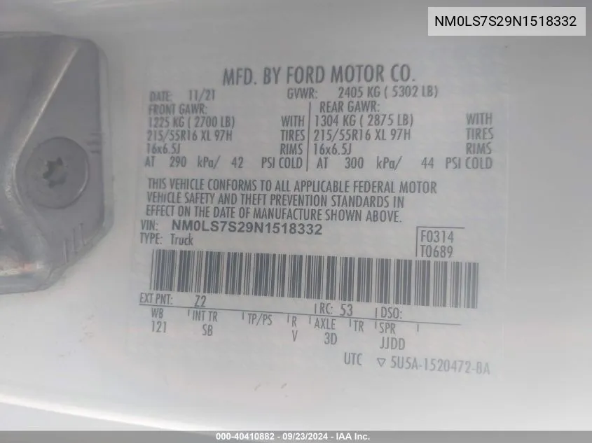 2022 Ford Transit Connect Xl VIN: NM0LS7S29N1518332 Lot: 40410882