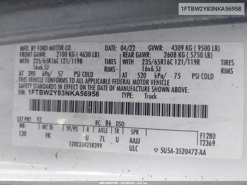 1FTBW2Y83NKA56958 2022 Ford Transit-350