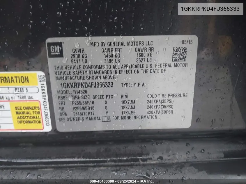 1GKKRPKD4FJ366333 2015 GMC Acadia Sle-2