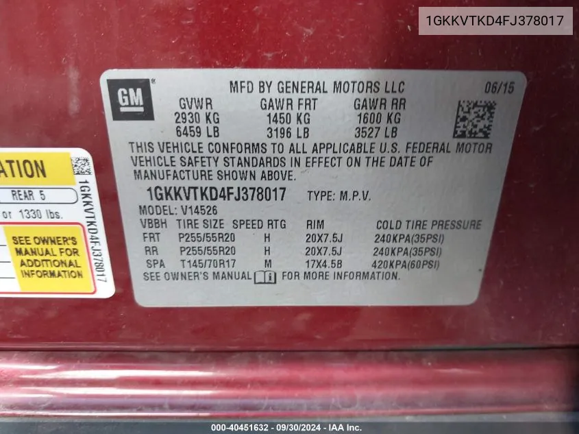 1GKKVTKD4FJ378017 2015 GMC Acadia Denali