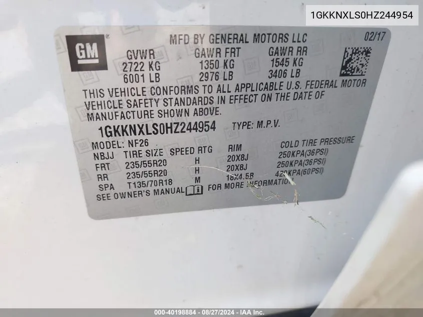 1GKKNXLS0HZ244954 2017 GMC Acadia Denali