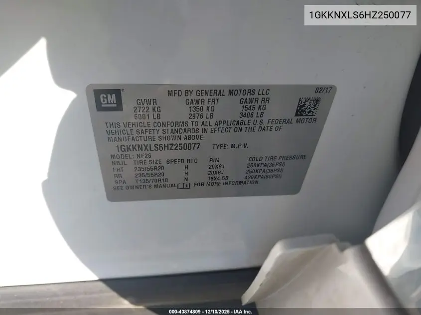 1GKKNXLS6HZ250077 2017 GMC Acadia Denali