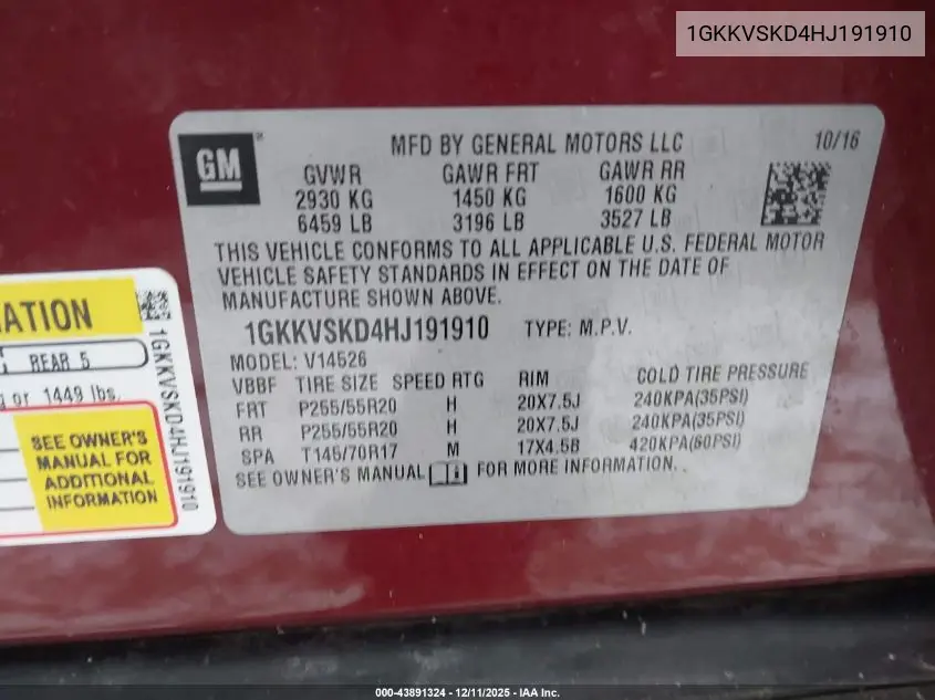 1GKKVSKD4HJ191910 2017 GMC Acadia Limited