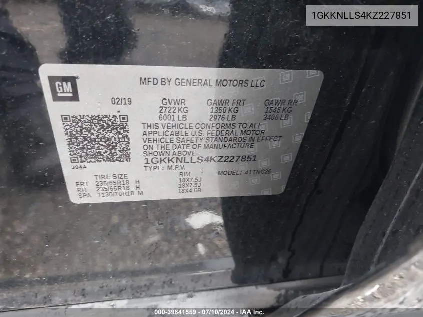 1GKKNLLS4KZ227851 2019 GMC Acadia Sle-2