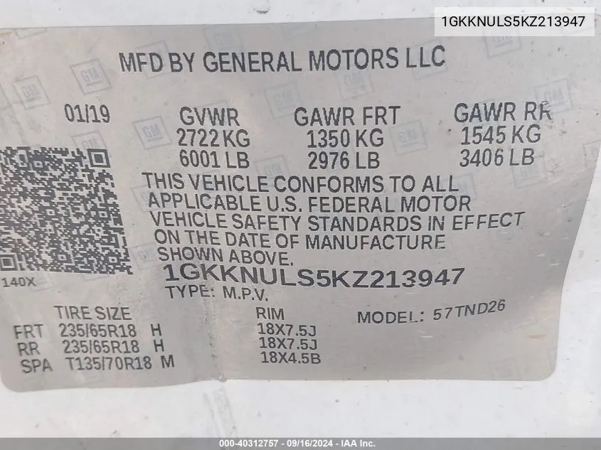 1GKKNULS5KZ213947 2019 GMC Acadia Slt-1