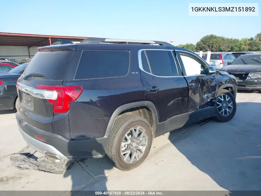 1GKKNKLS3MZ151892 2021 GMC Acadia Fwd Sle