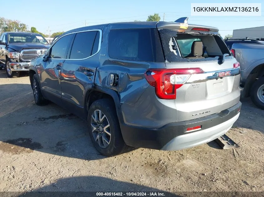 1GKKNKLAXMZ136216 2021 GMC Acadia Fwd Sle