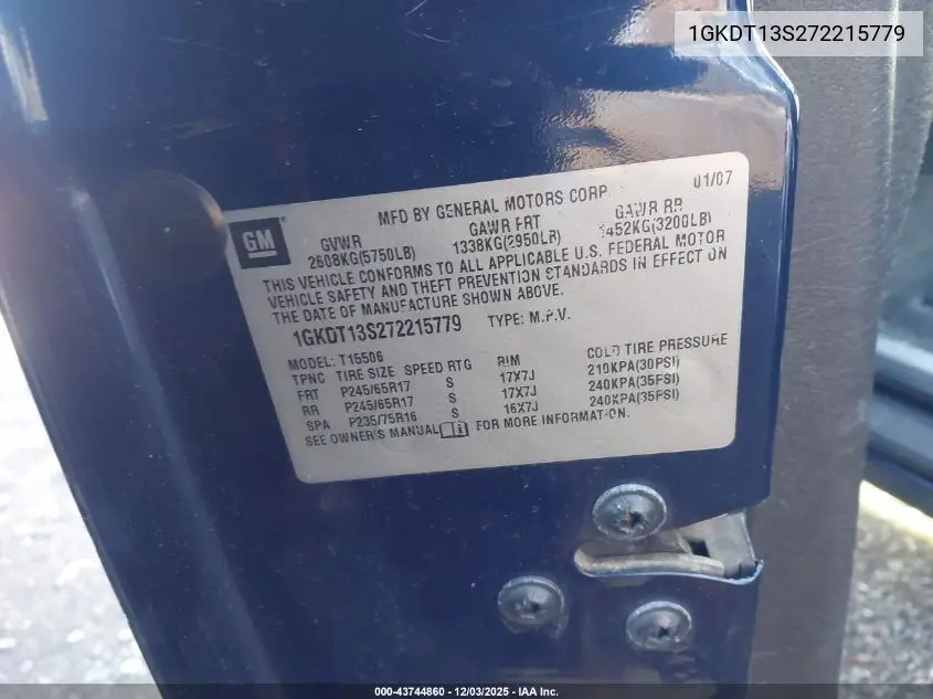 1GKDT13S272215779 2007 GMC Envoy Sle