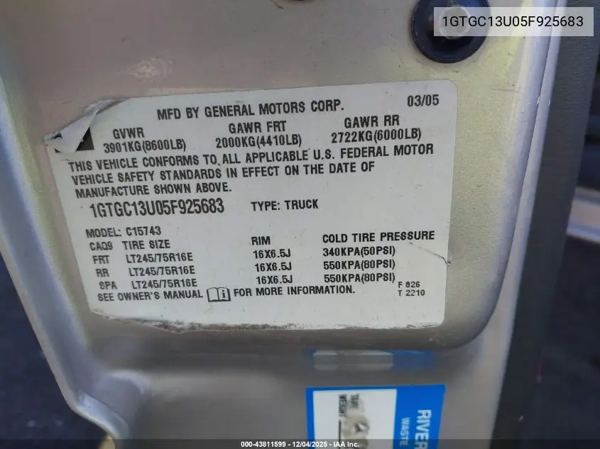 1GTGC13U05F925683 2005 GMC Sierra 1500Hd Sle