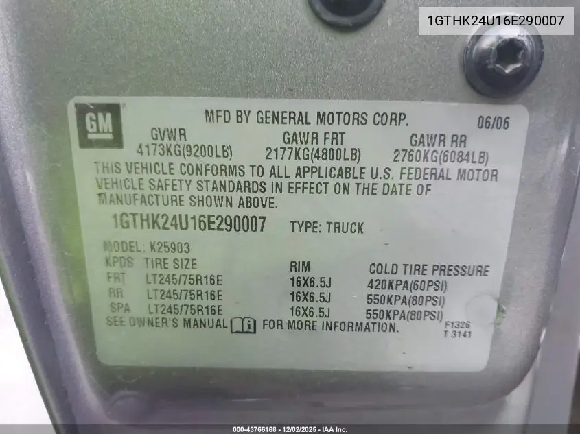 1GTHK24U16E290007 2006 GMC Sierra 2500Hd Work Truck