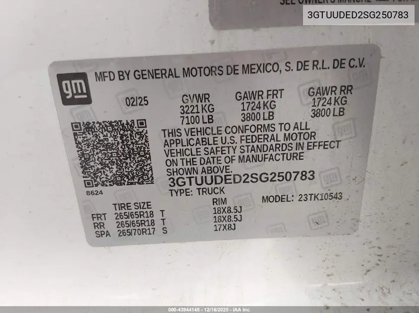 3GTUUDED2SG250783 2025 GMC Sierra 1500 4Wd Short Box Slt