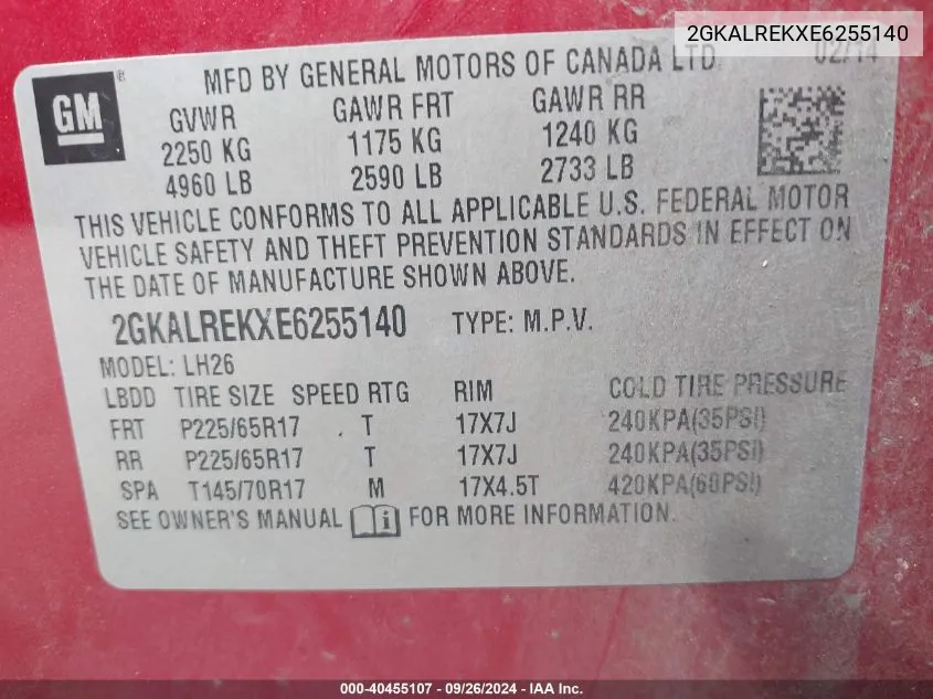 2GKALREKXE6255140 2014 GMC Terrain Sle-2