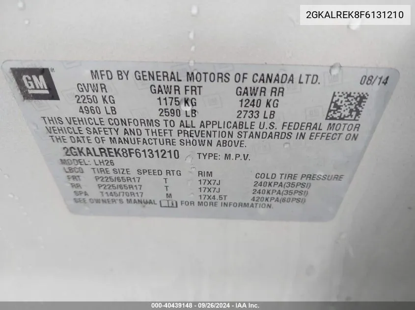 2GKALREK8F6131210 2015 GMC Terrain Sle-2