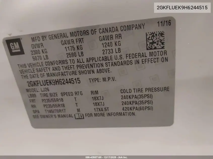 2GKFLUEK9H6244515 2017 GMC Terrain Slt