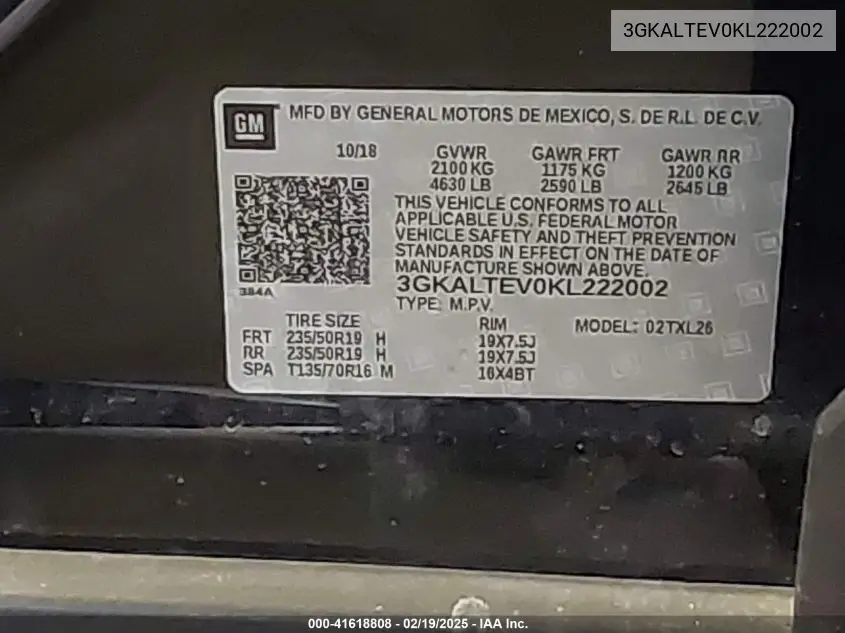 2019 GMC Terrain Sle VIN: 3GKALTEV0KL222002 Lot: 41618808