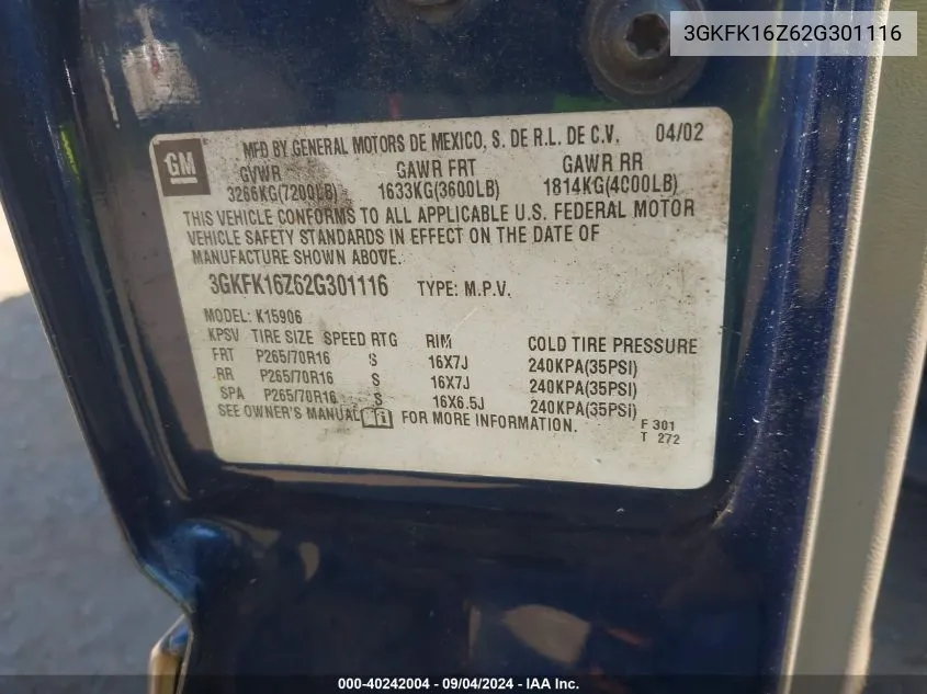 3GKFK16Z62G301116 2002 GMC Yukon Xl K1500