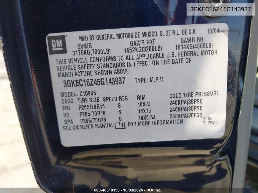 3GKEC16Z45G143937 2005 GMC Yukon Xl 1500 Sle