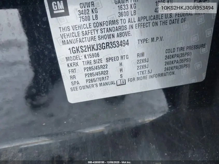 1GKS2HKJ3GR353494 2016 GMC Yukon Xl Denali