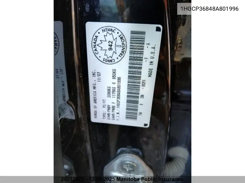 1HGCP36848A801996 2008 Honda Accord Ex-L V6