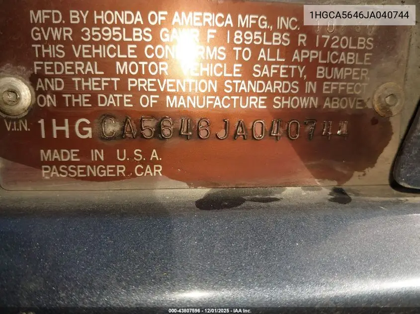 1HGCA5646JA040744 1988 Honda Accord Lxi