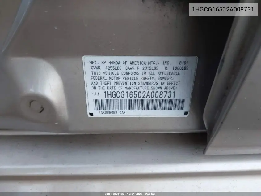 1HGCG16502A008731 2002 Honda Accord 3.0 Ex