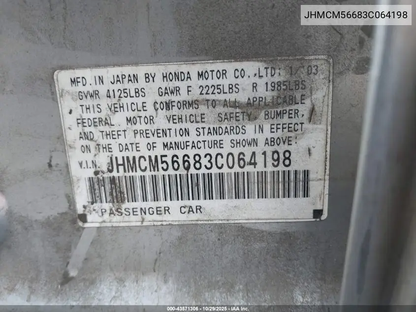 JHMCM56683C064198 2003 Honda Accord 2.4 Ex