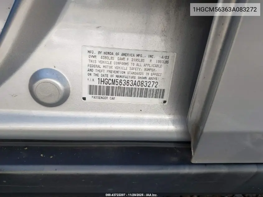 1HGCM56363A083272 2003 Honda Accord 2.4 Lx