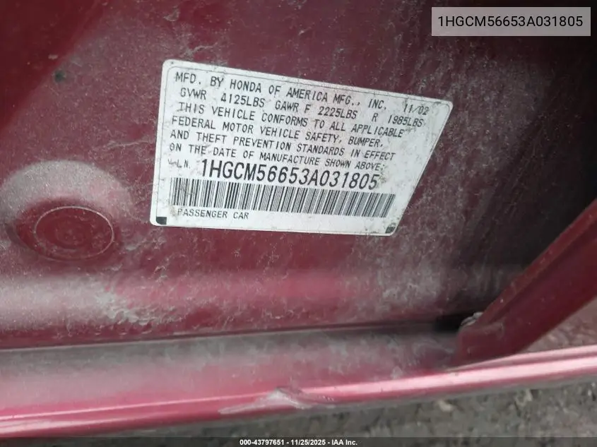 1HGCM56653A031805 2003 Honda Accord 2.4 Ex