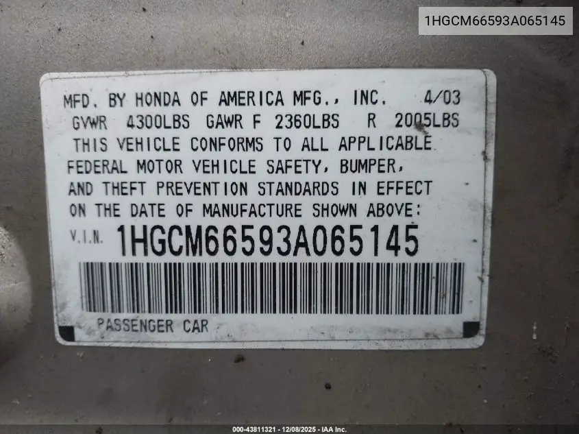 1HGCM66593A065145 2003 Honda Accord 3.0 Ex
