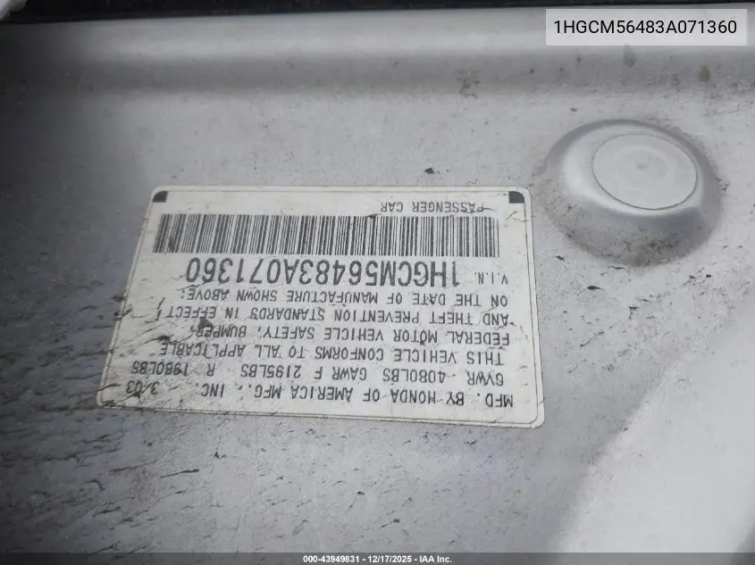 1HGCM56483A071360 2003 Honda Accord 2.4 Lx