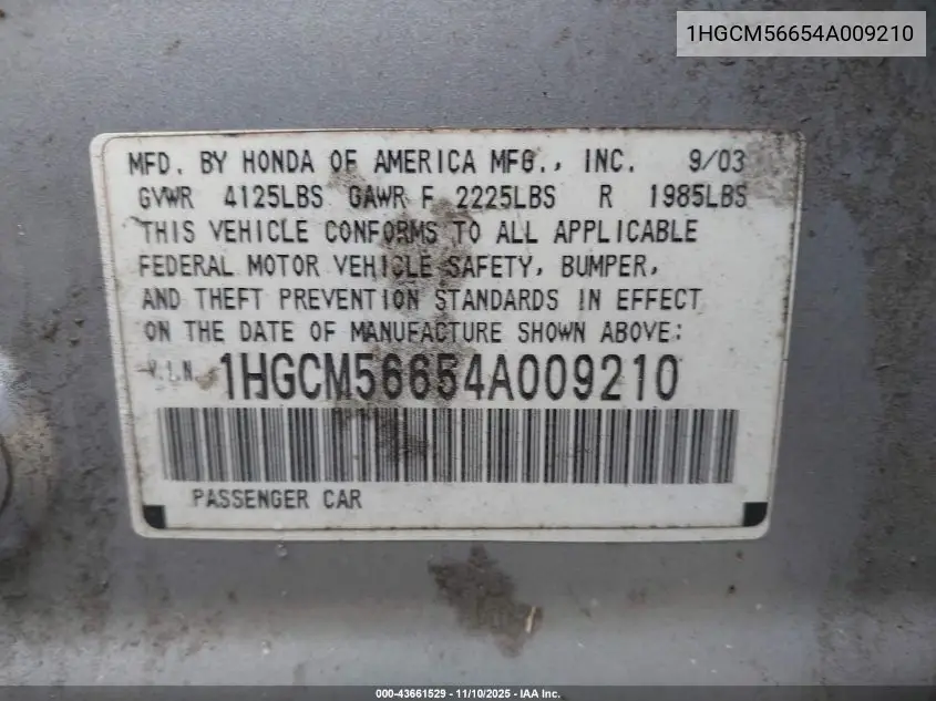 1HGCM56654A009210 2004 Honda Accord 2.4 Ex