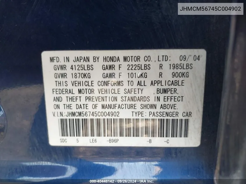 JHMCM56745C004902 2005 Honda Accord 2.4 Ex