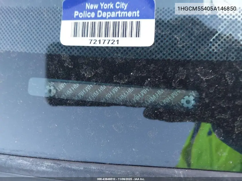 1HGCM55405A146850 2005 Honda Accord 2.4 Lx