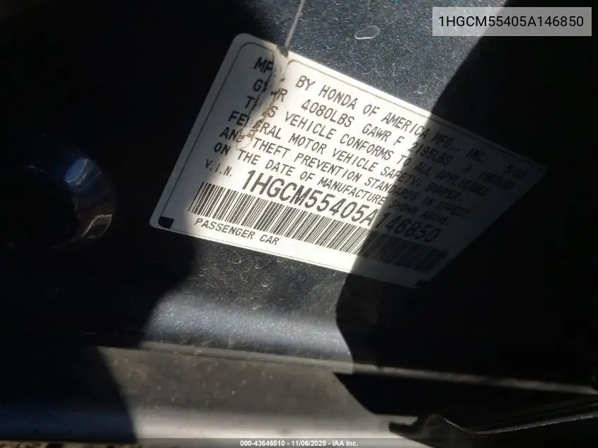 1HGCM55405A146850 2005 Honda Accord 2.4 Lx