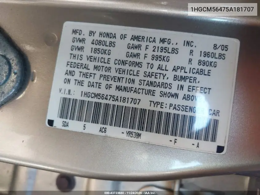 1HGCM56475A181707 2005 Honda Accord 2.4 Lx