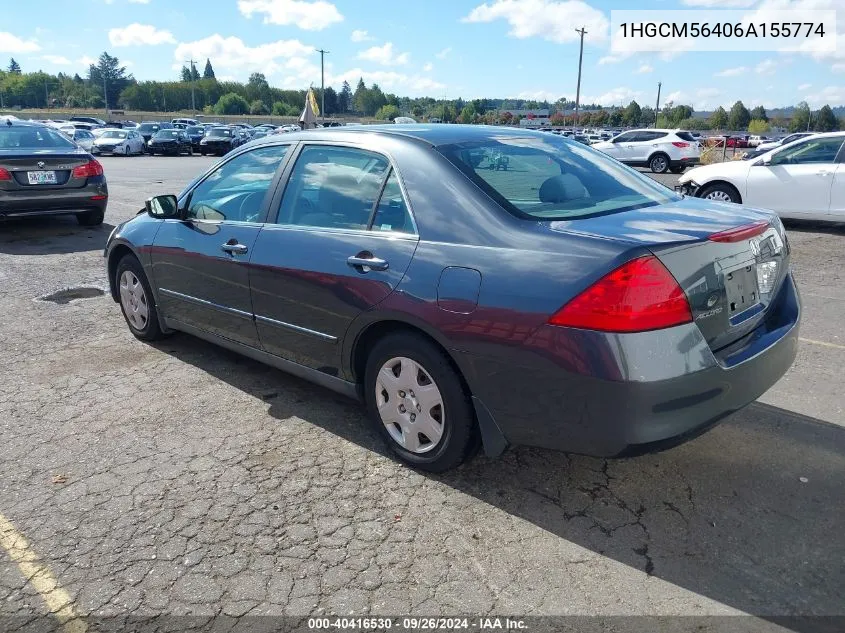 2006 Honda Accord 2.4 Lx VIN: 1HGCM56406A155774 Lot: 40416530